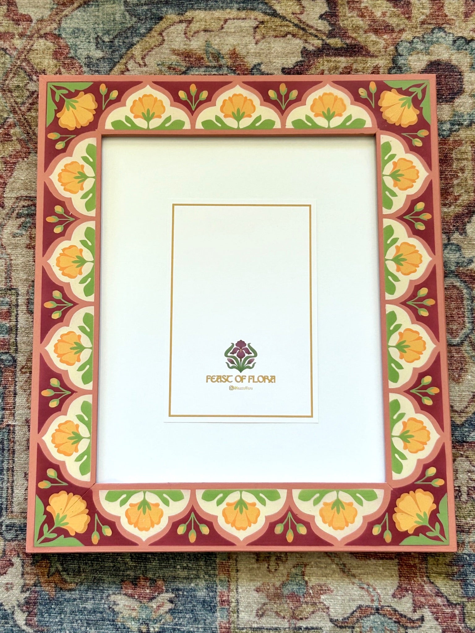 Hand Painted Folk Wooden Photo Frame, Burgundy/Orange