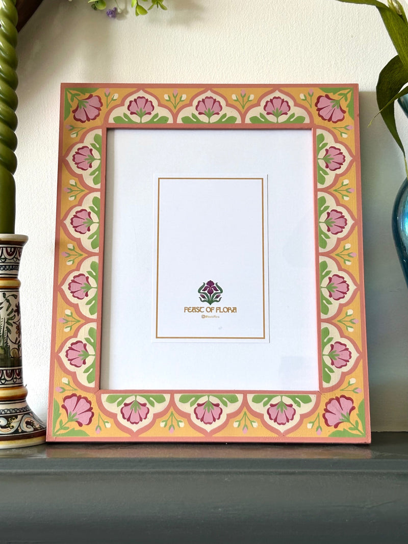 Hand Painted Folk Wooden Photo Frame, Yellow/Pink