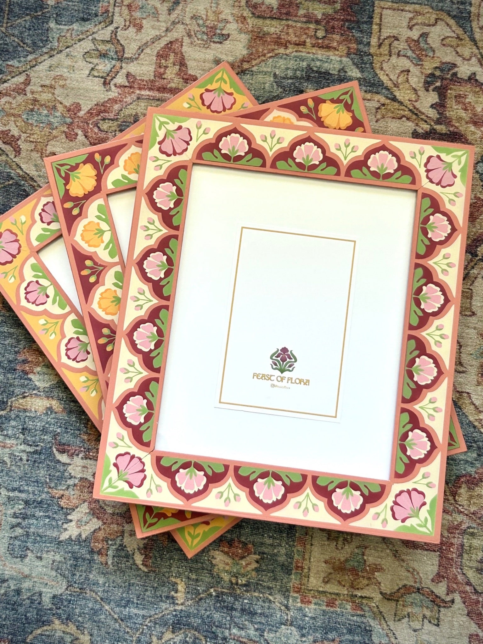 Hand Painted Folk Wooden Photo Frame, Cream/Pink