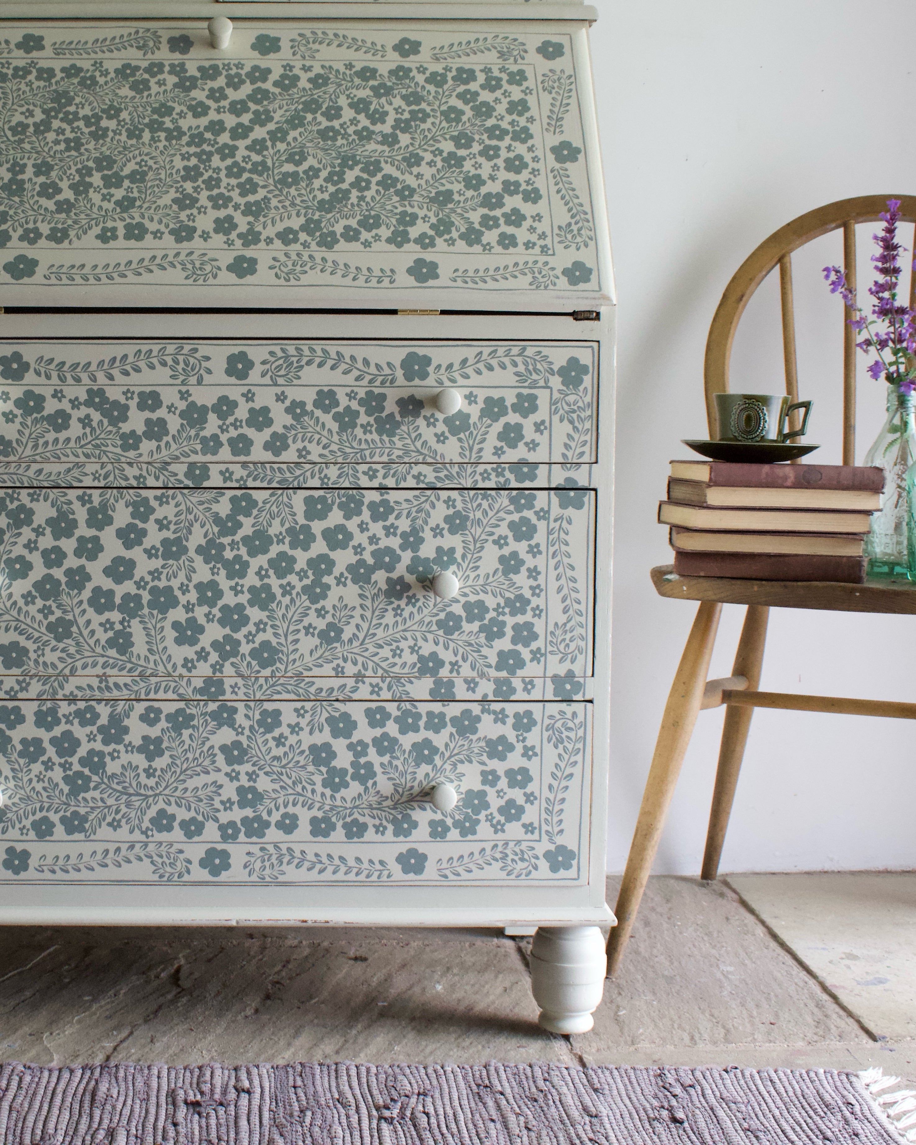 Cream and Green 'Summertime' Vintage Oak Bureau Desk Bookcase