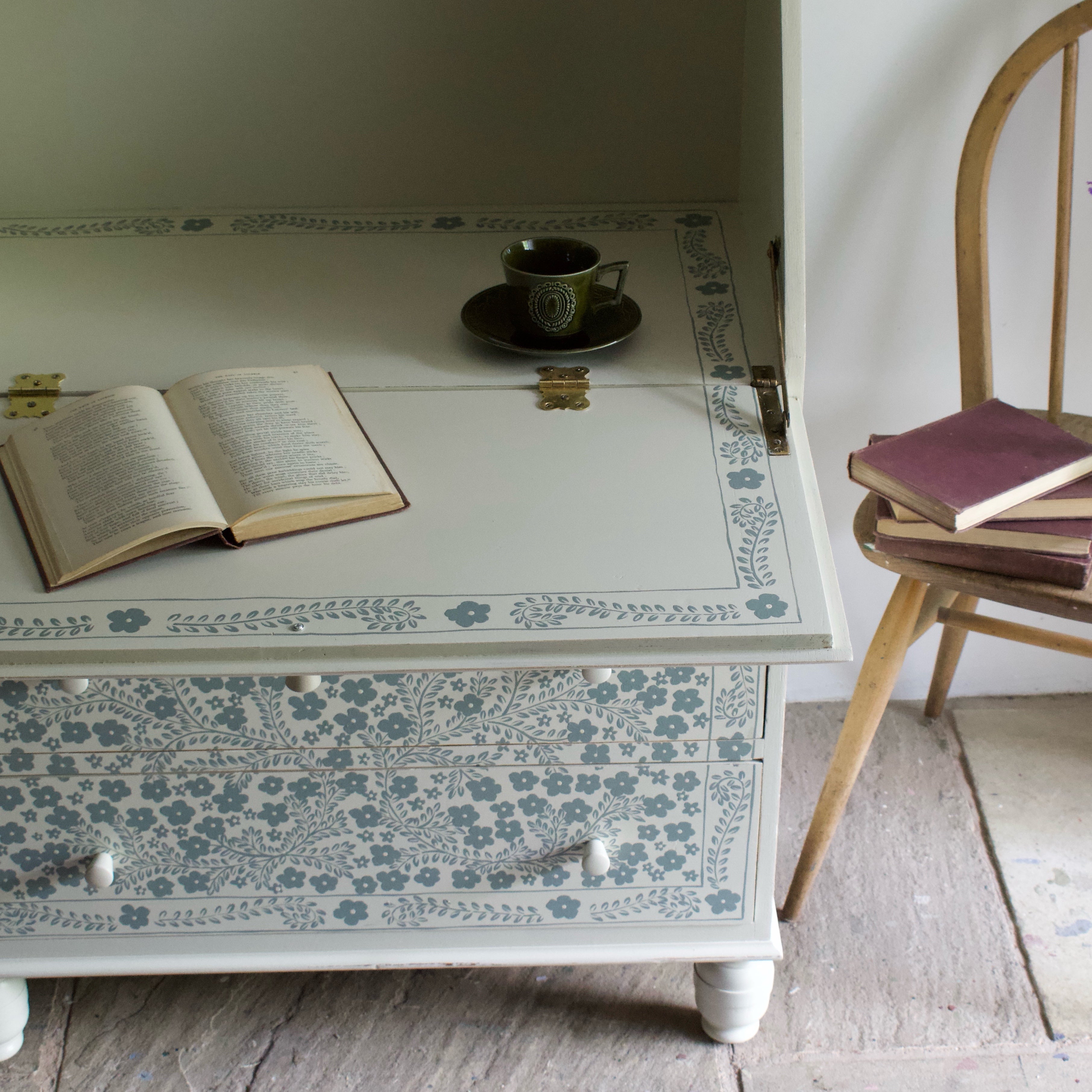 Cream and Green 'Summertime' Vintage Oak Bureau Desk Bookcase